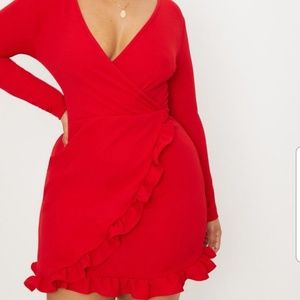 Red Ruffle Detail Wrap dress